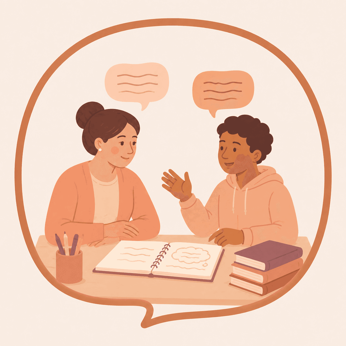 An adult and a teenager talking over an open notebook